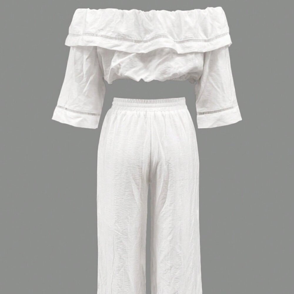 White Casual Women's Off-The-Shoulder Crop Top & Pants set - Picture 2 of 5